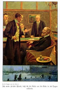 يراهن Phileas Fogg في نادي Reform Club على أنه يمكنه السفر حول العالم في 80 يومًا ، وهو رسم توضيحي من إصدار نُشر في برلين