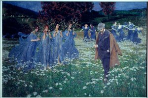 Reverie ، مشهد عالم يشبه الحلم ، يعبر رجل حقل الناس الرسوم. لوحة ماكسيميليان لينز (1860-1948)