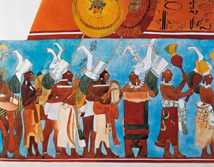 Reconstruction of the Bonampak frescoes showing a procession of musicians (wall painting)