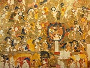 Reconstruction of a Mayan painting from Chichen Itza (Yucatan, Mexico) depicting a battle scene. Mayan Civilization.