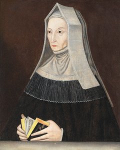 صورة للسيدة مارغريت بوفورت (1441-1509) ، نصف الطول ، بأردية سوداء وعادات بيضاء ، كتاب صلاة في يديها (زيت على لوح) بواسطة ماينارد (طريقة) فيويكي