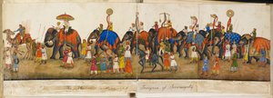 بانوراما موكب ، رسم توضيحي من "ذكريات إمبراطورية دلهي". كتاب دلهي للسير توماس ثيوفيلوس ميتكالف بواسطة Mazar or Mazhar Ali Khan