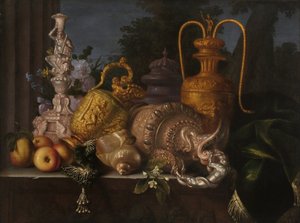 لا تزال الحياة ، والأصداف وصياغة الذهب. لوحة بواسطة Meiffren Conte (1630-1705). زيت على قماش. قاتمة: 91x121 سم. ذكر إلزامي: مجموعة مؤسسة بخصوص دي بروفانس ، مرسيليا بواسطة Meiffren (سي 1630-1705) كونتي