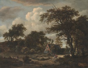 المناظر الطبيعية المشجرة مع كوخ وفارس ، 1663. بواسطة ميندرت هوبيما