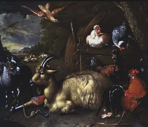 الماعز مع الحيوانات والطيور الأخرى في المناظر الطبيعية بواسطة Melchior de (مدرسة) Hondecoeter