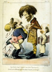 رسم كاريكاتوري عن جوزيبي فيردي ونابليون الثالث بعد أوبرا دون كارلوس في باريس عام 1867. كاريكاتير لملكيوري دلفيكو. مجموعة بريفي ميلان