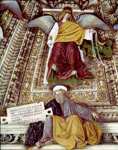 تمثيل باروخ (باروخ بن نيريا) تلميذ إرميا وملاك فريسكو بواسطة ميلوزو دا فورلي (Melozzo degli Ambrosi) (1438-1494) قبة خزينة القديس مارك (ماركو) ، ملاذ سانتا كاسا ، لوريتو بواسطة Melozzo da Forli