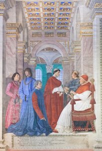 سيكستوس الرابع يعين بلاتينا محافظًا لمكتبة الفاتيكان بواسطة Melozzo da Forli