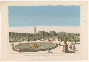 منظر لنافورة حديقة قصر شوارزنبرج بالقرب من مدينة فيينا Vue du jardin du prince de Schwarzenberg du côte du bassin rond vers le palais (العنوان على الكائن) بواسطة مجهول