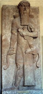 Mesopotamia: “” Statue of Sargon mastering a lion””” said “” Gilgamesh”” Court Khorsabad (Khunsabad) 8th century. Paris, Louvre Museum