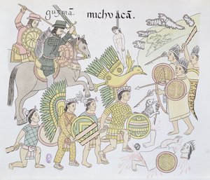 معركة ميتشواكان بين الإسبان والأزتيك ، رسم توضيحي من فاكس لتاريخ صور مكسيكي هندي Lienzo de Tlaxcala من c.1550 ، 1892