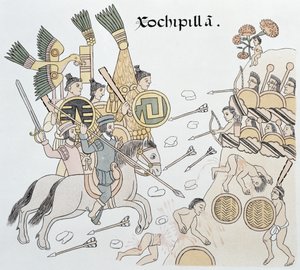معركة Xochipilla بين الإسبان والأزتيك ، التوضيح من فاكس من تاريخ الصورة الهندية المكسيكية Lienzo de Tlaxcala من c.1550 ، 1892