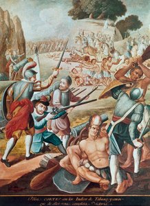 غزو المكسيك: معركة معارضة هرناندو كورتيس (هرنان كورتيز) (1485-1547) أمام هنود تاباسكو عام 1519 "" رسم المدرسة المكسيكية