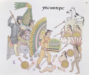 قرر هيرناندو كورتيس (1485-1547) ، تحت الحصار في Tenochtitlan ، مغادرة المدينة ، التوضيح من فاكس من تاريخ صورة مكسيكي هندي Lienzo de Tlaxcala من c.1550 ، 1892 (لون ليثو بواسطة المدرسة المكسيكية