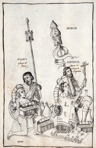 MS Hunter 242 f.248v Picarus (Pizarro) يقدم بيرو وكورتيسيوس (Cortes) نويفا إسبانا ، التوضيح من هيستوريا دي تلاكسكالا بواسطة دييجو مونوز كامارغو بواسطة المدرسة المكسيكية