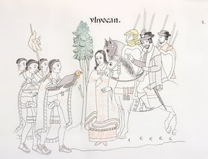 اجتماع هيرناندو كورتيس (1485-1547) والأزتيك ، رسم توضيحي من فاكس من تاريخ صورة مكسيكي هندي Lienzo de Tlaxcala من c.1550 ، 1892 بواسطة المدرسة المكسيكية