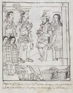 مونتيزوما يلتقي بكورتيز السيدة هنتر 242 f.255r غزو المكسيك ، من هيستوريا دي تلاكسكالا بقلم دييغو مونوز كامارغو