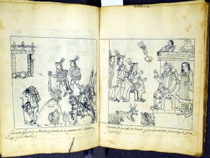 السيدة Hunter 242 256v-257r Cortez and Montezuma ، من هيستوريا دي تلاكسكالا بقلم دييغو مونوز كامارجو بواسطة المدرسة المكسيكية