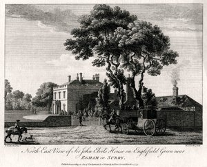 المنظر الشمالي الشرقي لمنزل السير جون إلفيلز في إنجليفيلد جرين بالقرب من إيغام في سري ، 1775 بواسطة مايكل أنجيلو روكر
