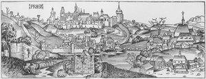 منظر لبراغ ، رسم توضيحي من "Liber Chronicarum" بقلم هارتمان شيدل (1440-1514) نُشر في نورمبرغ ، 1493