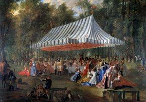 Fete given by Louis Francois Joseph de Bourbon, Prince of Conti to Hereditary Prince Charles Guillaume Ferdinand of Brunswick Luebourg (1735-1806), under the tent, in the forest of Cassan, at the Isle Adam in 1766 Banquet in the park. Painting by Michel Ba