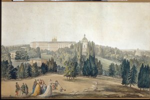 منظر تساركوي سيلو (سانت بطرسبرغ). منتزه الإمبراطورة كاثرين الثانية (1729-1796). (منظر لـ Tsarkoye Selo. الإمبراطورة كاثرين الثانية تمشي). عمل ميشال فرانسوا دامام دمارتريه (1763-1827) حفر وألوان مائية. الفن الفرنسي