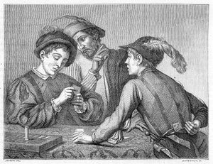 الغشاشون. نقش من القرن التاسع عشر يصور عمل كارافاجيو (إيل كارافاجيو) حوالي عام 1596. بواسطة مايكل أنجلو (بعد) كارافاجيو