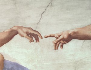يد الله وآدم ، تفاصيل من خلق آدم ، من سقف سيستين ، 1511 (ما قبل الترميم)