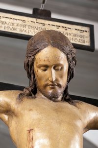 صليب الروح القدس ، حوالي عام 1493 ، بقلم مايكل أنجلو (1475-1564) ، تفاصيل ونحت من الخشب متعدد الألوان ، مقدس كنيسة سانتو سبيريتو في فلورنسا - الصليب. نحت عصر النهضة لمايكل أنجلو بوناروتي دي ميشيل أنج (مايكل أنجلو أو ميشيلا بواسطة مايكل أنجلو بوناروتي