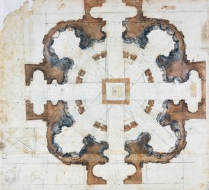 مخطط كنيسة سان جيوفاني دي فيورنتيني في روما ، حوالي 1559 ، رسمه مايكل أنجلو بوناروتي (1475-1564) ، إيطاليا بواسطة مايكل أنجلو بوناروتي