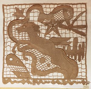 Sample of needle lace and inserts for curtains, with patterns drawn from work made by artist Giulio Rosso, Michelangelo Jesurum Manufacture بواسطة مايكل أنجلو بوناروتي