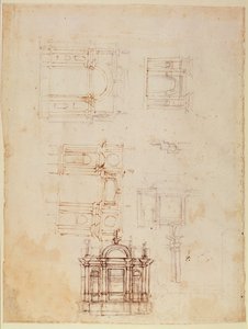 دراسات عن التركيب المعماري على شكل قوس النصر ، c.1516 (الطباشير الأسود مع القلم والحبر البني على الورق) (المستقيم) (في المقابل انظر 191776) بواسطة مايكل أنجلو بوناروتي