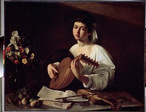 "عازف العود" (عازف العود) لوحة لمايكل أنجلو ميريسي المعروف باسم كارافاجيو (كارافاجيو) (1571-1610) حوالي 1595 مقاس 94 × 119 سم متحف هيرميتاج ، سانت بطرسبرغ. بواسطة مايكل أنجلو ميريسي دا كارافاجيو