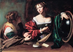 "مارثا وماري مجدلين" "لوحة لمايكل أنجلو ميريسي المعروفة باسم كارافاجيو أو كارافاجيو (1571-1610) حوالي 1598 Dim. 100x134.5 cm معهد ديترويت للفنون بواسطة مايكل أنجلو ميريسي دا كارافاجيو