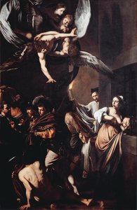 الأعمال السبعة للبؤس (Sette opere di misericordia). يحكم Cimon على الجوع في السجن ويتغذى على صدر ابنته بيرو (جمعية خيرية رومانية) وفي الخلفية رجل يحمل شعلة مشتعلة لانتشال الجثة. في الجزء العلوي من العذراء ر بواسطة مايكل أنجلو ميريسي دا كارافاجيو