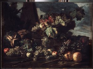 "الحياة الساكنة مع العنب" لوحة رسمها مايكل أنجلو بيس دا كامبيدوجليو (1610-1670) 1650-1660 ديم. 98x134 سم متحف هيرميتاج ، سانت بطرسبرغ