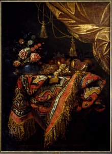 فواكه وزهور صامتة موضوعة على مفرش المائدة. لوحة لمايكل أنجلو كامبيدوجليو (1610-1670) القرن السابع عشر ، متحف رين للفنون الجميلة.