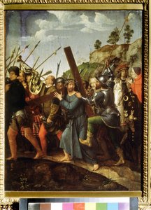 المسيح يحمل الصليب. (المسيح يحمل الصليب). رسم مايكل سيتو (1460 أو 1468-1525). زيت على قماش ، 37.5 × 28.3 سم ، حوالي 1518-1525. الفن الهولندي ، عصر النهضة. متحف بوشكين للفنون الجميلة ، موسكو. بواسطة ميشيل سيتو