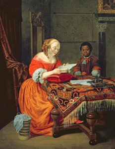 امرأة تقرأ رسالة بحضور أسود ، 1670 بواسطة ميشيل فان موسشر