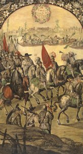 هرنان (أو هيرناندو) كورتيس أو فرناند كورتيز (1485-1547) وجناحه يصلون إلى تينوشتيتلان (المكسيك) - غزو المكسيك بواسطة هرنان كورتيس بواسطة غونزاليس وميغيل وخوان (نهاية القرن السابع عشر النشط). زيت على خشب ، مقاس: ٩٧ × ٥٣