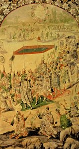 واحدة من زوج من اللوحات التي تصور اللقاء بين هيرناندو كورتيس (1485-1547) ومونتيزوما (1466-1520): مونتيزوما وأتباعه ، 1698