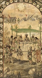 يأمر بتدمير السفن ولقاء سفراء مونتيزوما (Moctezuma ، Moteuczoma ، Motecuhzoma) (1466-1520) في 1520 - غزو المكسيك من قبل Hernan Cortes par Gonzalez و Miguel and Juan (نهاية القرن السابع عشر). زيت على خشب ، الحجم: