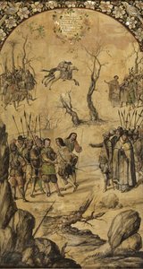 غزو المكسيك من قبل هرنان كورتيس بار غونزاليس وميغيل وخوان (نشط نهاية القرن السابع عشر). زيت على خشب ، مقاس: ٩٧ × ٥٣