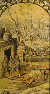 غزو المكسيك من قبل هرنان كورتيس بار غونزاليس وميغيل وخوان (نشط نهاية القرن السابع عشر). زيت على خشب ، مقاس: ٩٧ × ٥٣