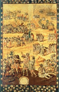 اللقاء بين هيرناندو كورتيس (1485-1547) ومونتيزوما (1466-1520) ، لوحة من غزو المكسيك