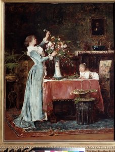 "La Composition du bouquet" (تأليف باقة) امرأة من الطبقة الوسطى (هنغارية؟) تحضر باقة من الزهور ، وابنتها تنظر إليها. لوحة لميهالي مونكاسي (1844-1900) حوالي 1880 متحف بوشكين ، موسكو بواسطة ميهالي مونكاسي
