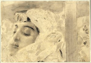 تمارا في نعش - رسم توضيحي من قصيدة "الشيطان" لميخائيل ليرمونتوف (1814-1841) - عمل فني لميخائيل ألكساندروفيتش فروبل (فروبيل) (1856-1910) بواسطة ميخائيل الكساندروفيتش فروبل