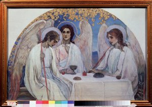 ضيافة إبراهيم. ثالوث العهد القديم. تمثيل الملائكة الثلاثة الذين ظهروا لإبراهيم بالقرب من Chene de Mambre. (ضيافة إبراهيم (العهد القديم الثالوث) رسم ميخائيل فاسيليفيتش نيستيروف (1862-1942) ، زيت على قماش.