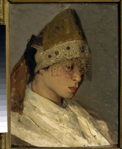 فتاة ترتدي Kokochnik (A Girl With Kokoshnik). غطاء رأس تقليدي مرتفع للنساء الروسيات ، مربوط من الخلف بشرائط ، الجزء الأمامي مزين بالخرز والتطريز. لوحة لميخائيل فاسيليفيتش نيستيروف (1862-1942) ، زيت على خشب