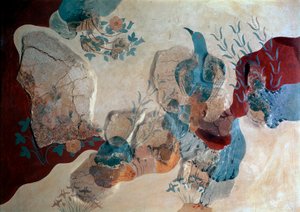 Minoan Art: "Blue Bird" جزء من لوحة جدارية من House of Frescoes. 1500 ق. هيراكليون ، المتحف الأثري ، جزيرة كريت - الفن المينوي: الطائر الأزرق. جزء من اللوحة الجدارية يظهر طائرًا بين الصخور والورود البرية والقزحية ، من House of Frescoes بواسطة مينوان